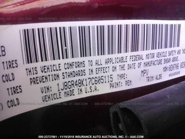 1J8GR48K17C605115 - 2007 JEEP GRAND CHEROKEE LAREDO/COLUMBIA/FREEDOM 栗色 照片 9