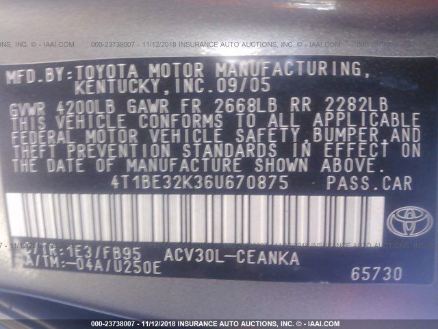 4T1BE32K36U670875 - 2006 TOYOTA CAMRY LE/XLE/SE GRAY photo 9