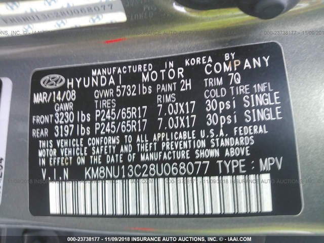 KM8NU13C28U068077 - 2008 HYUNDAI VERACRUZ GLS/SE/LIMITED GOLD photo 9