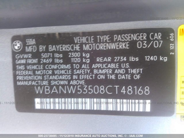 WBANW53508CT48168 - 2008 BMW 550 I GRAY photo 9