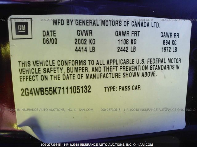 2G4WB55K711105132 - 2001 BUICK REGAL LS MAROON photo 9