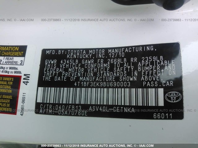 4T1BF3EK9BU690003 - 2011 TOYOTA CAMRY SE/LE/XLE თეთრი ფოტო 9