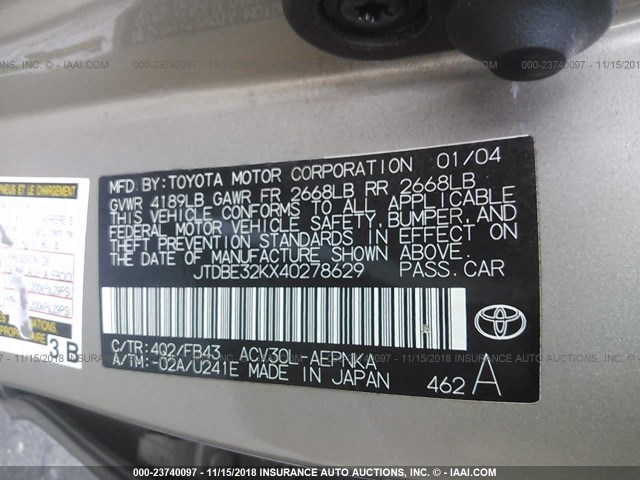 JTDBE32KX40278629 - 2004 TOYOTA CAMRY LE/XLE 金色 照片 9