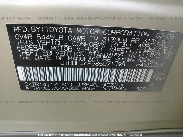 JTHBL46F585071498 - 2008 LEXUS LS 460 GOLD photo 9