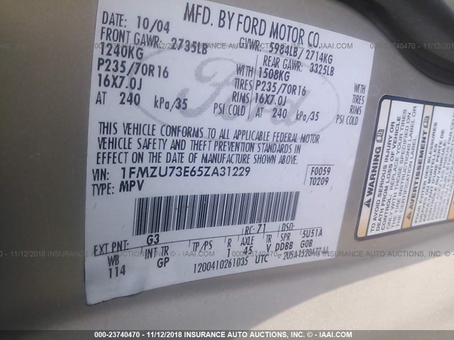 1FMZU73E65ZA31229 - 2005 FORD EXPLORER XLT/XLT SPORT/NBX 米色 照片 9