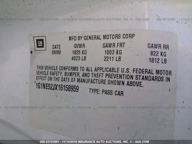 1G1NE52JX16158959 - 2001 CHEVROLET MALIBU LS თეთრი ფოტო 9