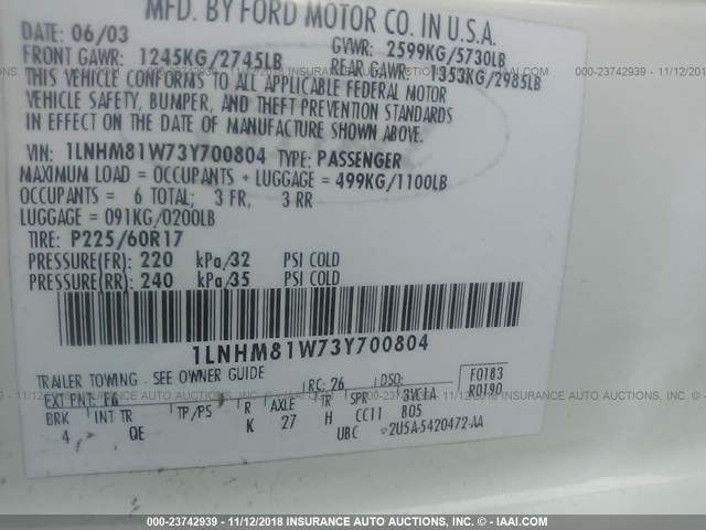 1LNHM81W73Y700804 - 2003 LINCOLN TOWN CAR EXECUTIVE Ağ foto 9