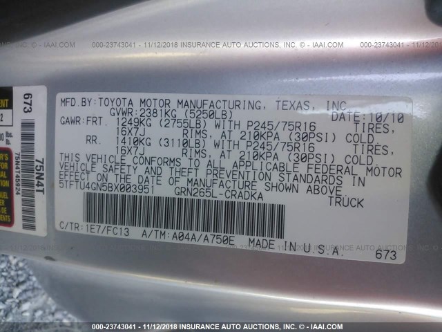 5TFTU4GN5BX003951 - 2011 TOYOTA TACOMA PRERUNNER ACCESS CAB SILVER photo 9