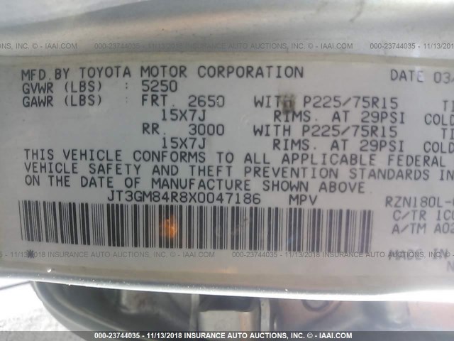 JT3GM84R8X0047186 - 1999 TOYOTA 4RUNNER SILVER photo 9