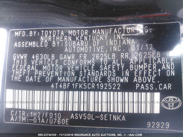 4T4BF1FK5CR192522 - 2012 TOYOTA CAMRY SE/LE/XLE Dark Blue photo 9