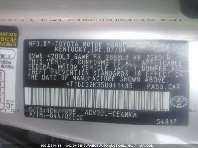 4T1BE32K35U941495 - 2005 TOYOTA CAMRY LE/XLE/SE SILVER photo 9