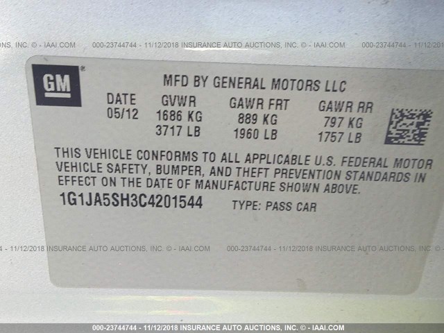 1G1JA5SH3C4201544 - 2012 CHEVROLET SONIC LS 银色 照片 9