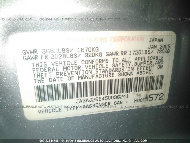 JA3AJ26E45U036241 - 2005 MITSUBISHI LANCER ES SILVER photo 9