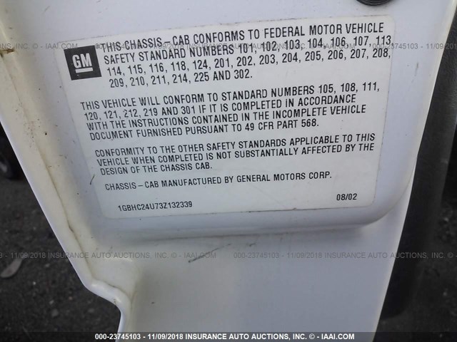 1GBHC24U73Z132339 - 2003 CHEVROLET SILVERADO C2500 HEAVY DUTY WHITE photo 9