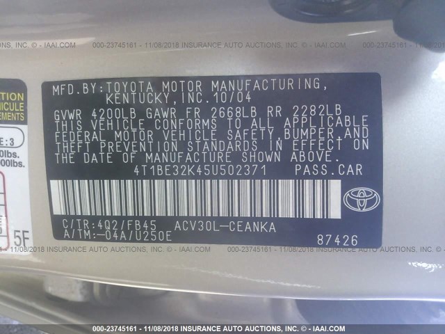 4T1BE32K45U502371 - 2005 TOYOTA CAMRY LE/XLE/SE TAN photo 9