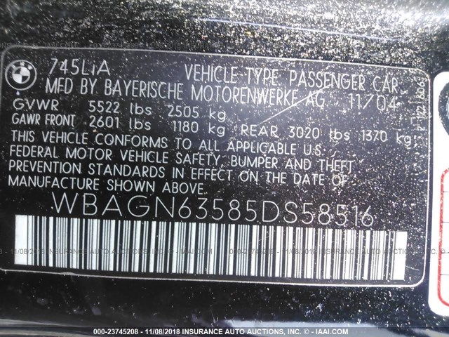 WBAGN63585DS58516 - 2005 BMW 745 LI BLACK photo 9