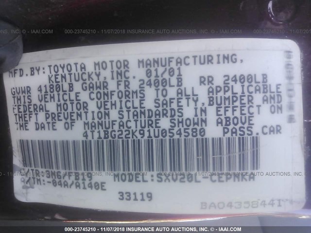 4T1BG22K91U054580 - 2001 TOYOTA CAMRY CE/LE/XLE მუქწითელი ფოტო 9