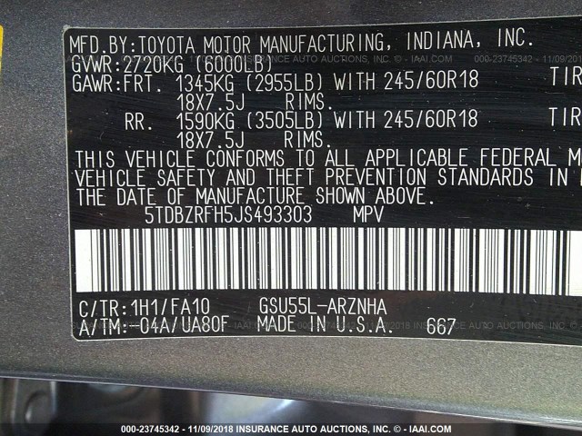 5TDBZRFH5JS493303 - 2018 TOYOTA HIGHLANDER LE/LE PLUS GRAY photo 9