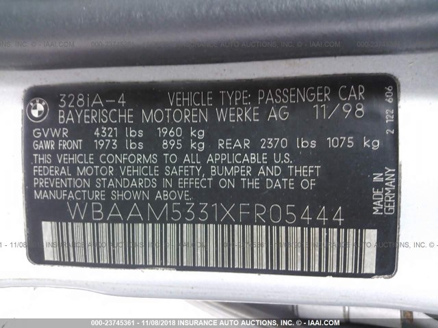 WBAAM5331XFR05444 - 1999 BMW 328 I AUTOMATIC Արծաթագույն լուսանկար 9