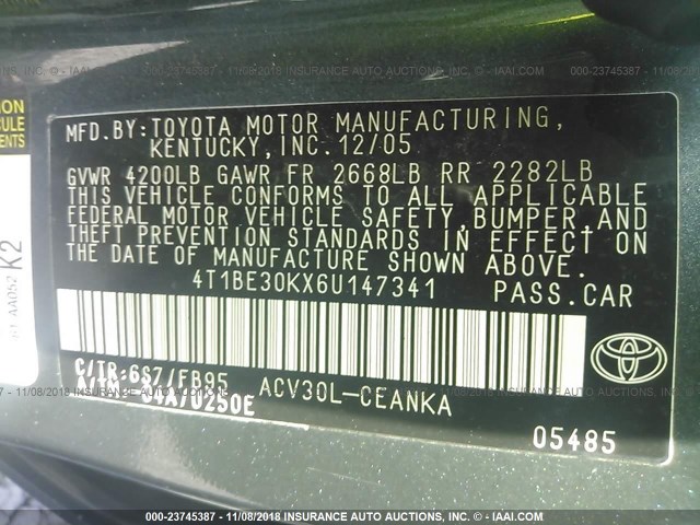 4T1BE30KX6U147341 - 2006 TOYOTA CAMRY LE/XLE/SE GREEN photo 9