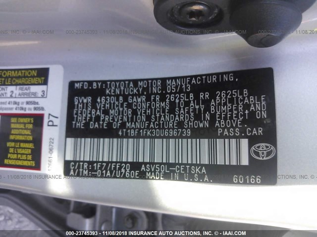 4T1BF1FK3DU696739 - 2013 TOYOTA CAMRY L/SE/LE/XLE Gümüş foto 9