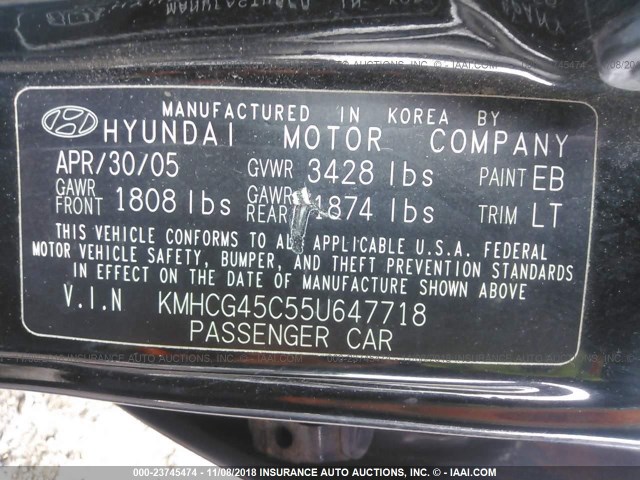 KMHCG45C55U647718 - 2005 HYUNDAI ACCENT GL BLACK photo 9