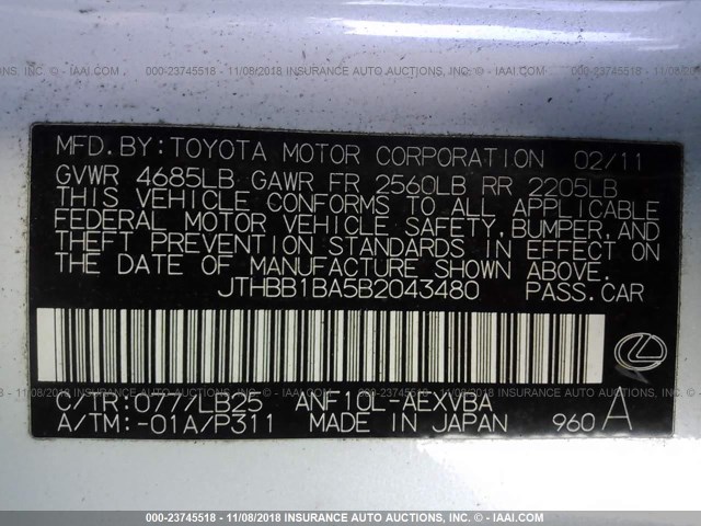 JTHBB1BA5B2043480 - 2011 LEXUS HS 250H WHITE photo 9