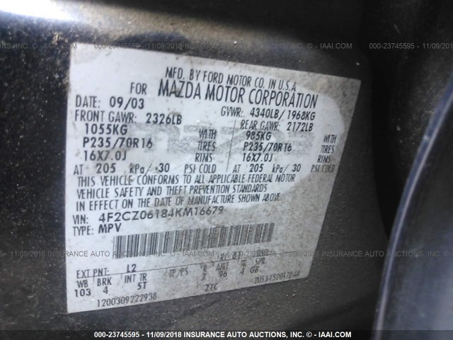 4F2CZ06184KM16679 - 2004 MAZDA TRIBUTE ES Dark Blue photo 9