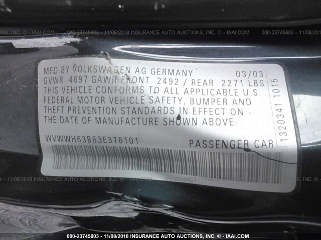 WVWWH63B63E376101 - 2003 VOLKSWAGEN PASSAT GLX GRAY photo 9