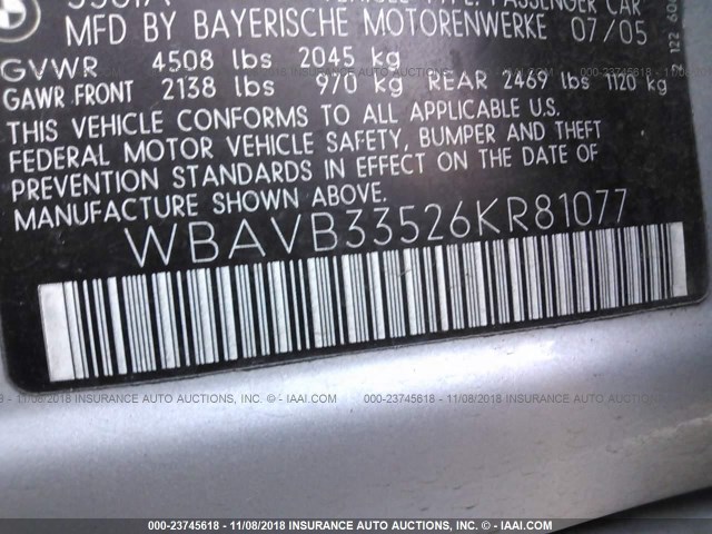 WBAVB33526KR81077 - 2006 BMW 330 I SILVER photo 9