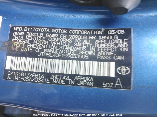 JTDBL40E199033505 - 2009 TOYOTA COROLLA LE/XLE BLUE photo 9