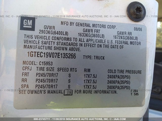 1GTEC19V07E135266 - 2007 GMC NEW SIERRA C1500 WHITE photo 9