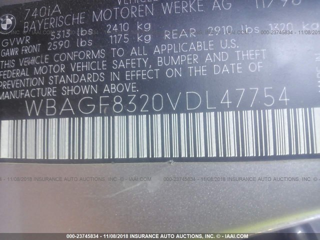 WBAGF8320VDL47754 - 1997 BMW 740 I AUTOMATIC SILVER photo 9