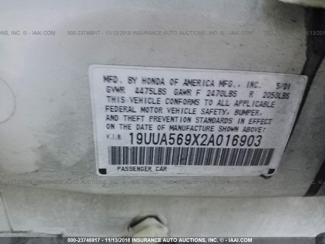 19UUA569X2A016903 - 2002 ACURA 3.2TL TYPE-S WHITE photo 9