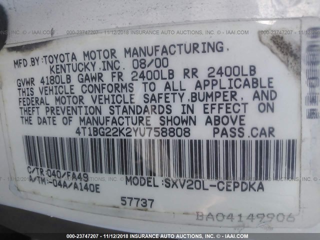 4T1BG22K2YU758808 - 2000 TOYOTA CAMRY CE/LE/XLE 白色 照片 9