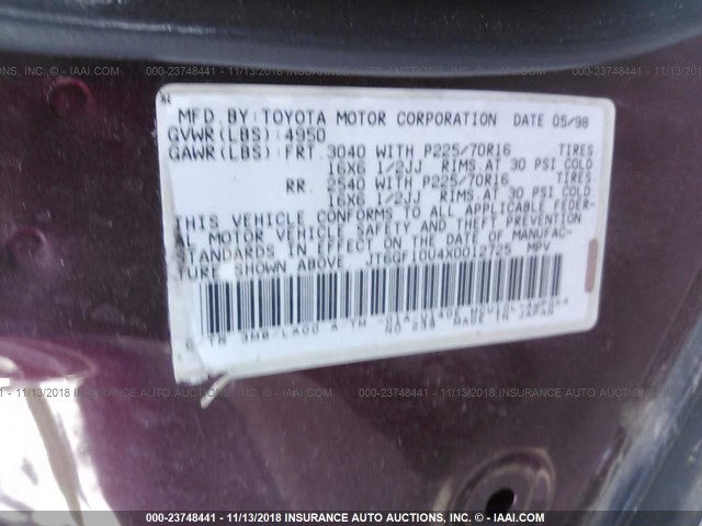 JT6GF10U4X0012725 - 1999 LEXUS RX 300 RED photo 9