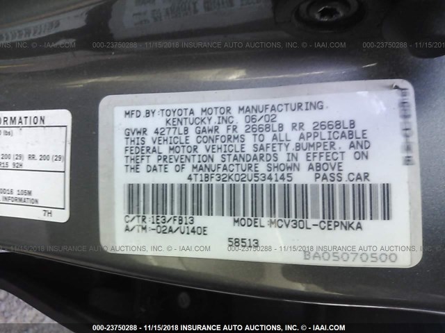4T1BF32K02U534145 - 2002 TOYOTA CAMRY LE/XLE/SE GRAY photo 9