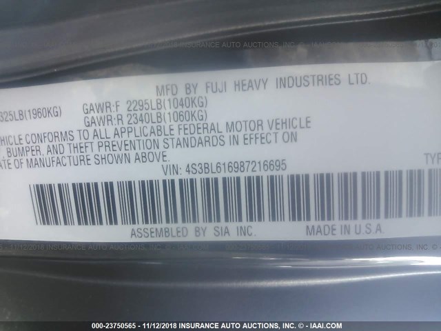 4S3BL616987216695 - 2008 SUBARU LEGACY 2.5I BLACK photo 9