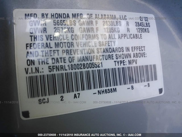 5FNRL18002B005521 - 2002 HONDA ODYSSEY EXL SILVER photo 9