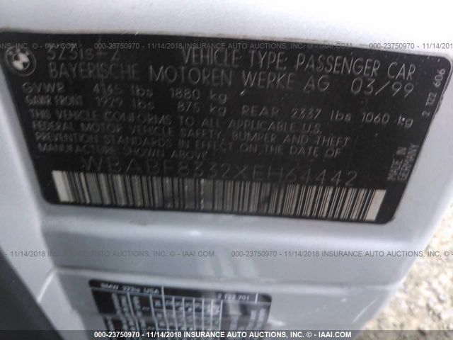 WBABF8332XEH64442 - 1999 BMW 323 IS AUTOMATIC SILVER photo 9