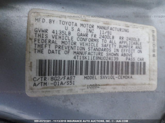 4T1SK11E8NU024139 - 1992 TOYOTA CAMRY DLX 浅蓝色 照片 9