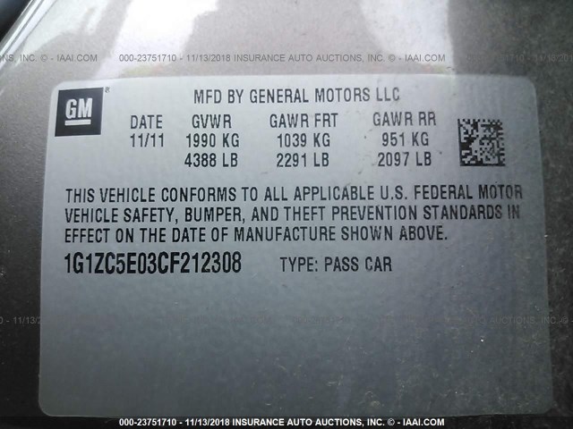 1G1ZC5E03CF212308 - 2012 CHEVROLET MALIBU 1LT GRAY photo 9