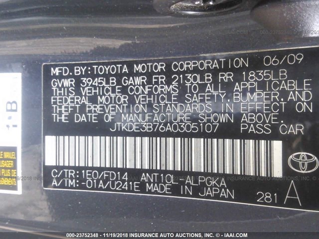 JTKDE3B76A0305107 - 2010 TOYOTA SCION TC Boz foto 9