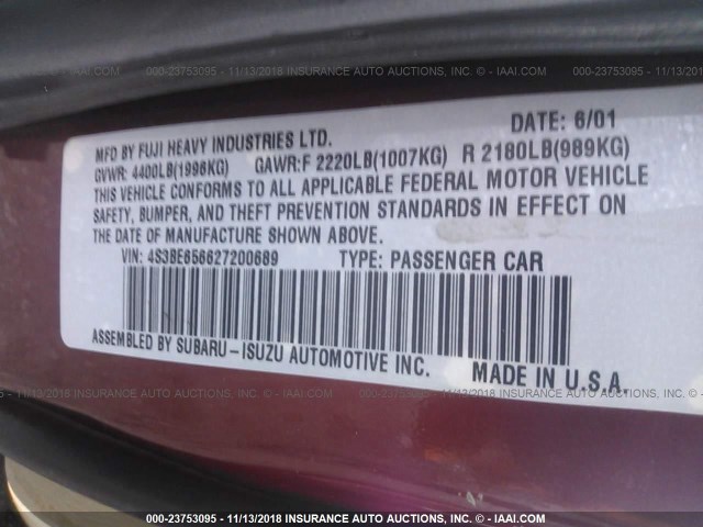 4S3BE656627200689 - 2002 SUBARU LEGACY GT LIMITED MAROON photo 9