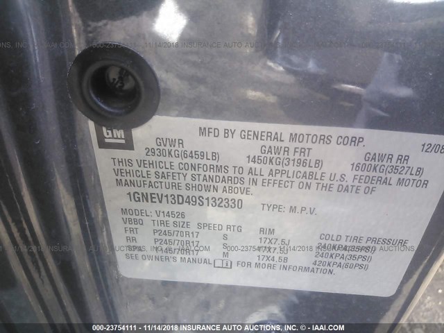 1GNEV13D49S132330 - 2009 CHEVROLET TRAVERSE LS GRAY photo 9