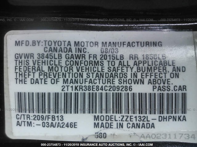 2T1KR38E84C209286 - 2004 TOYOTA COROLLA MATRIX XR BLACK photo 9