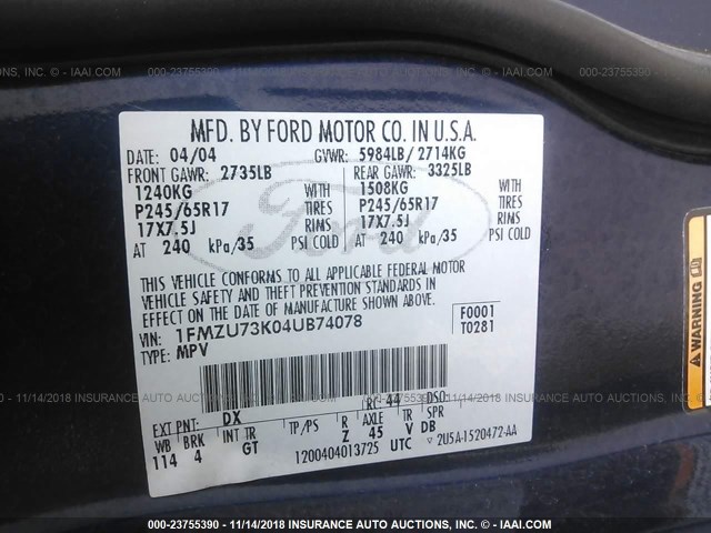 1FMZU73K04UB74078 - 2004 FORD EXPLORER XLT/XLT SPORT/NBX 蓝色 照片 9