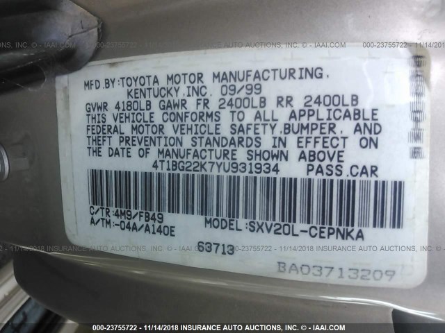 4T1BG22K7YU931934 - 2000 TOYOTA CAMRY CE/LE/XLE 金色 照片 9