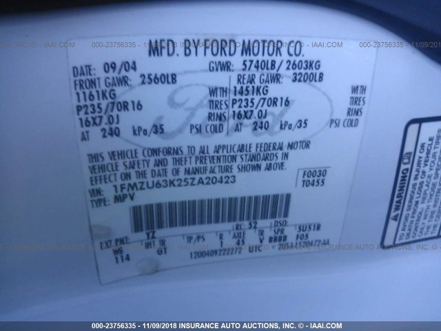 1FMZU63K25ZA20423 - 2005 FORD EXPLORER XLT/XLT SPORT/NBX 白色 照片 9