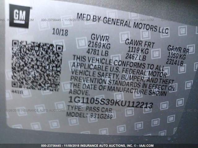 1G1105S39KU112213 - 2019 CHEVROLET IMPALA PREMIER GRAY photo 9